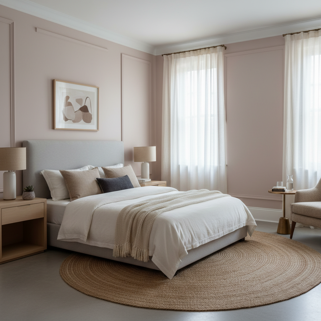 Serene bedroom with blush pink walls and white trim for sophisticated interior design