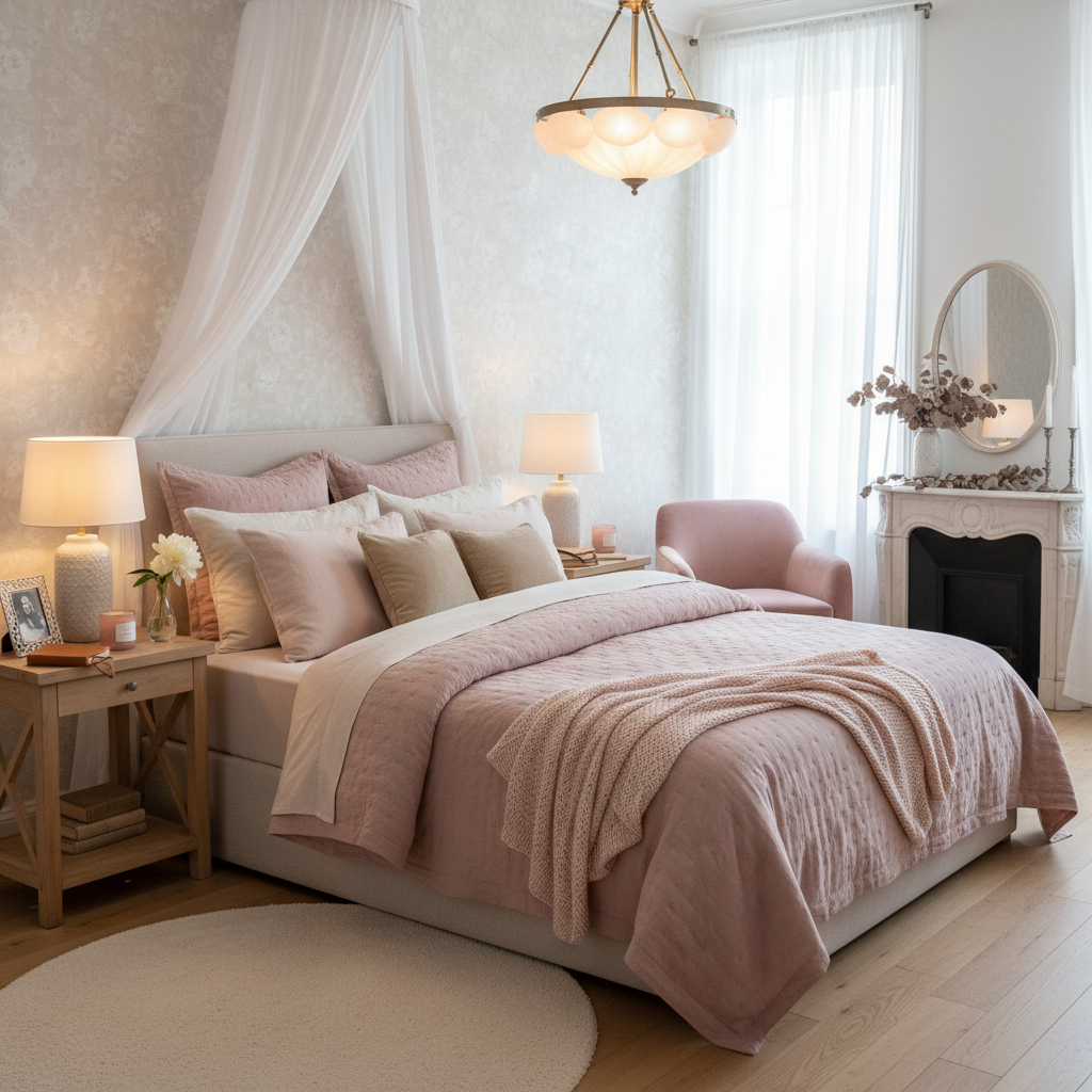 Tranquil blush pink bedroom with soft bedding and romantic lighting creating sanctuary