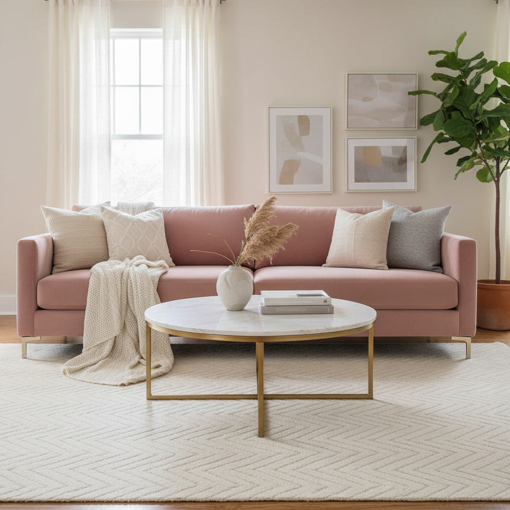 Elegant living room featuring plush blush pink velvet sofa with neutral cushions