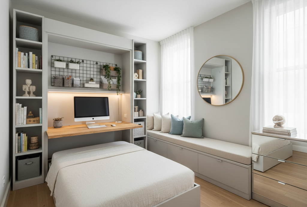 Micro Bedroom Ideas For Unlocking Every Square Inch Bright micro bedroom with clever storage and multi-functional furniture maximizing small space efficiently