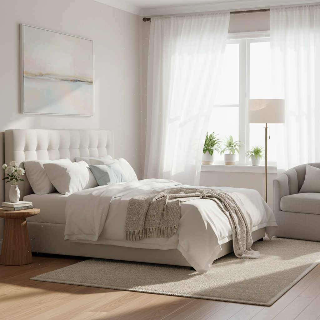Sunlit bedroom with sheer white curtains filtering natural light softly throughout space