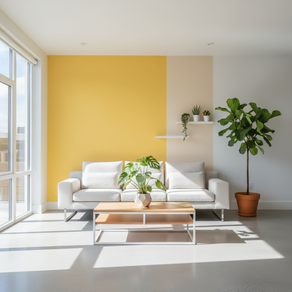 How Color Block Walls Just Make Any Space Feel Brighter Bright living room with yellow and white DIY color block wallspainting techniques