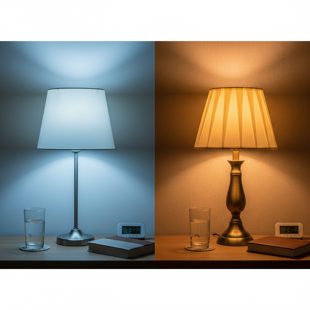 Two lamps showing cool blue light versus warm amber light side by side