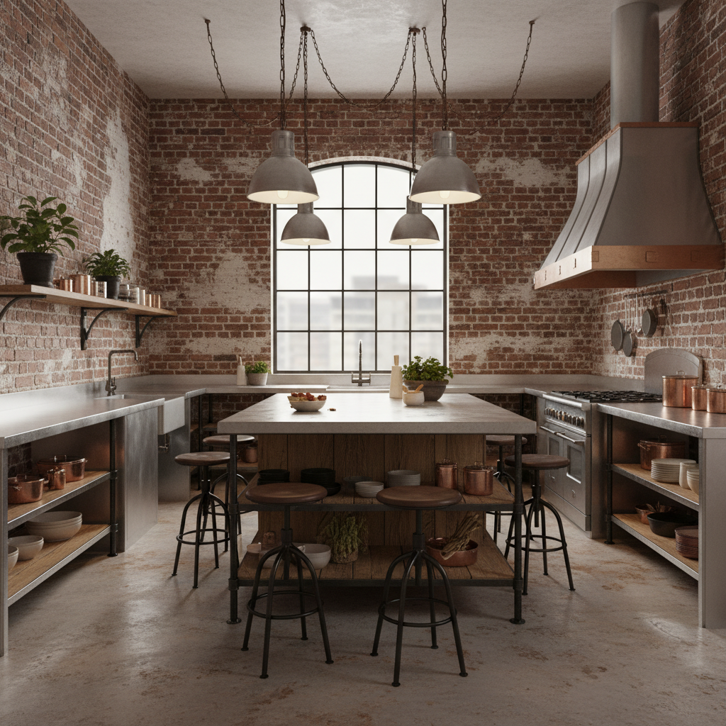 Industrial kitchen featuring exposed brick walls and stainless steel surfaces with metal fixtures