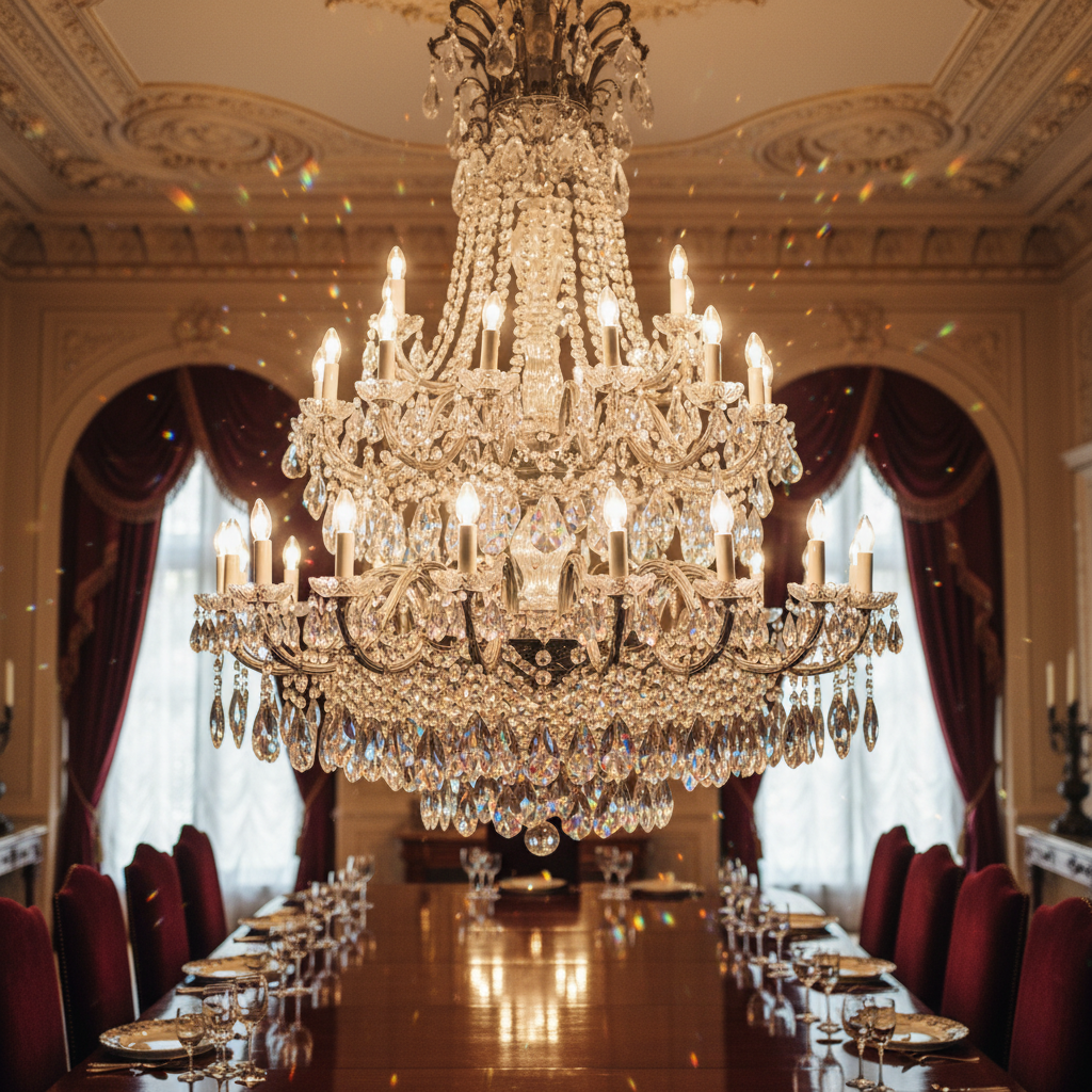Crystal chandelier with detailed prisms creating dramatic light patterns in formal dining space