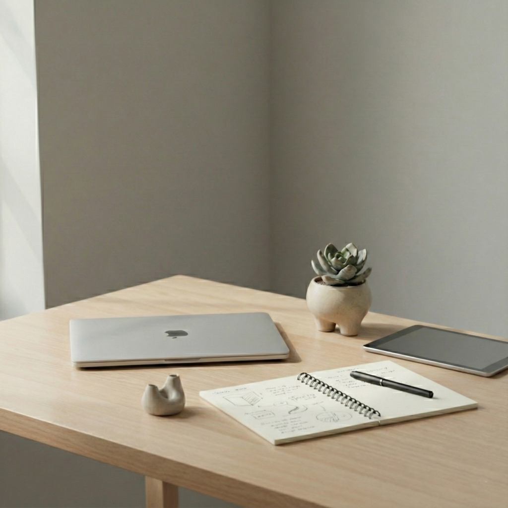 Clean organized desk with laptop, notebook, and small plant showing intentional arrangement