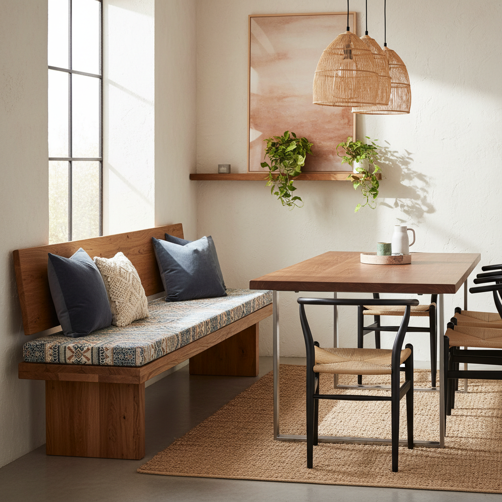A cushioned dining bench against a wall with decorative pillows for comfort