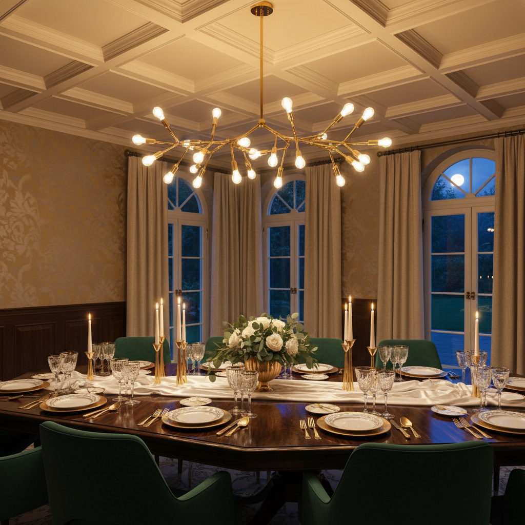 Polished gold chandelier illuminating elegant dining table with warm ambient lighting