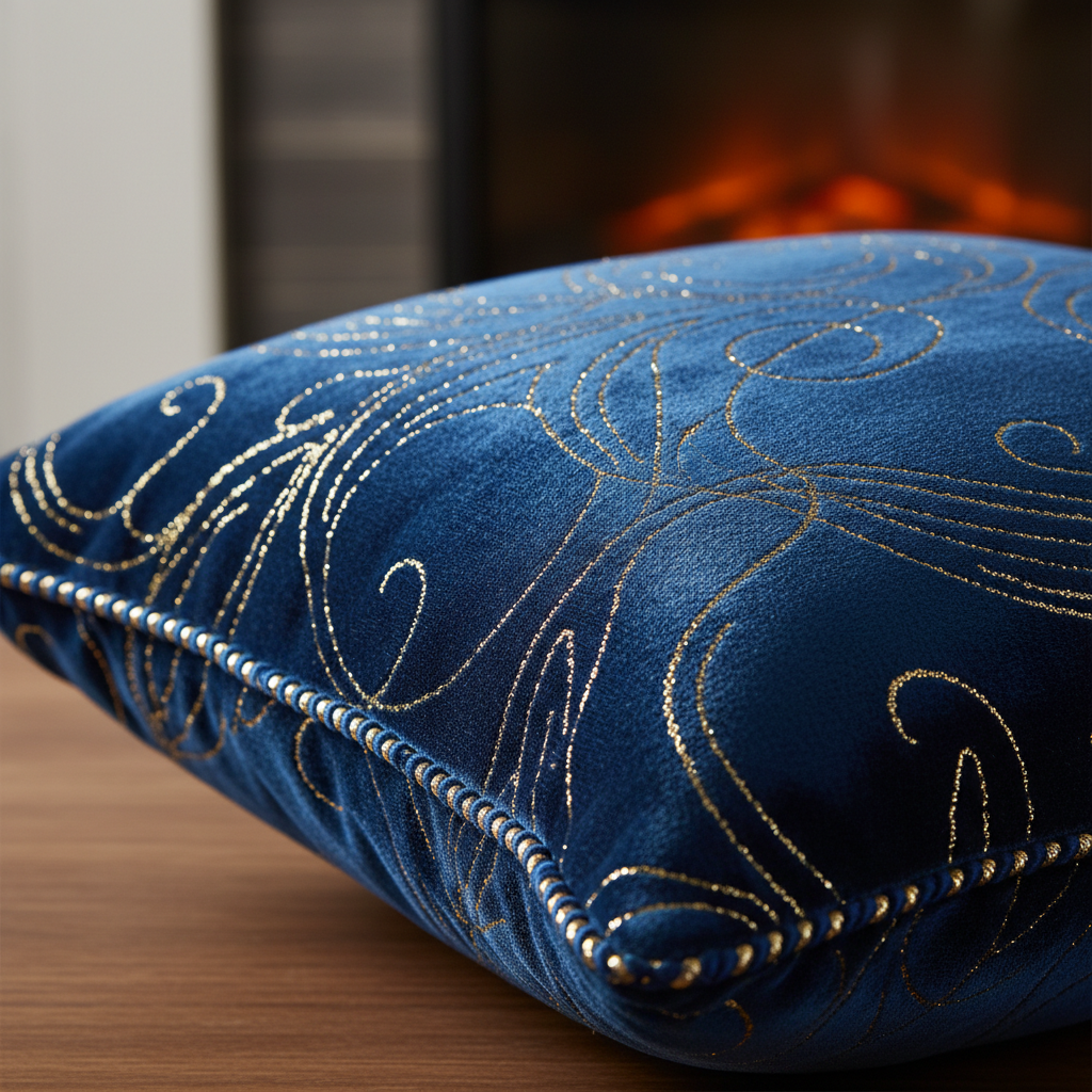 Velvet throw pillow with gold metallic threading showing rich texture and sophisticated shimmer