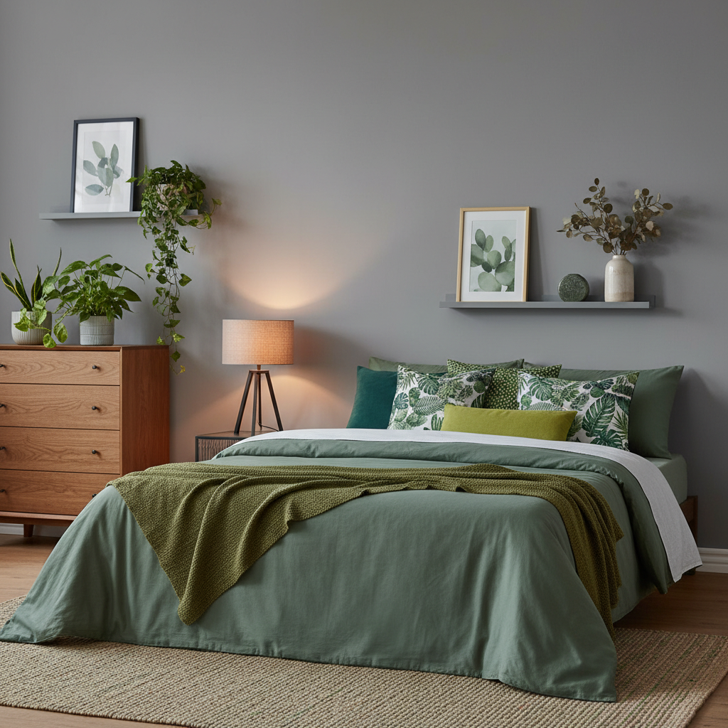 Gray bedroom walls with green bedding and warm lamp lighting