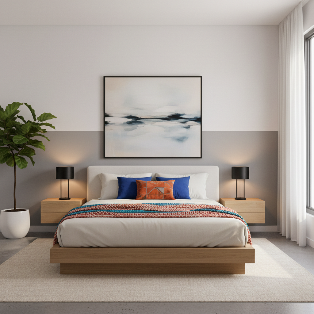 Serene bedroom with light gray and white two tone bedroom wall design for tranquil spaces