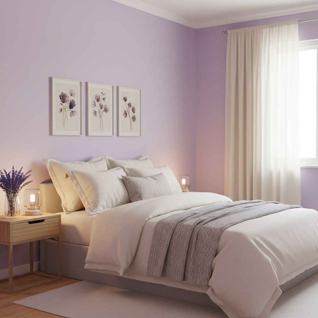 Lavender bedroom walls with cream bedding and ambient lighting