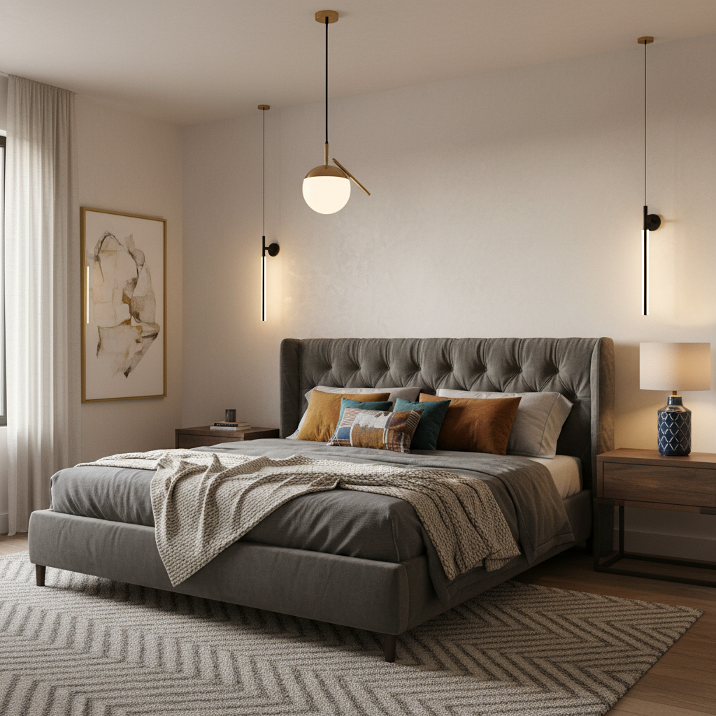 Bedroom with pendant light, wall sconces, and table lamp working together