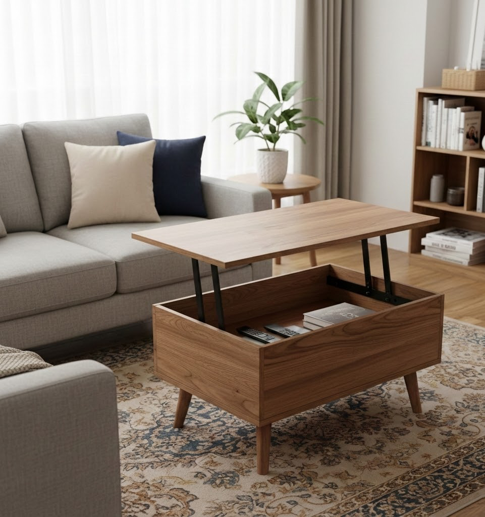 Coffee table with lift-top mechanism converting to laptop workspace