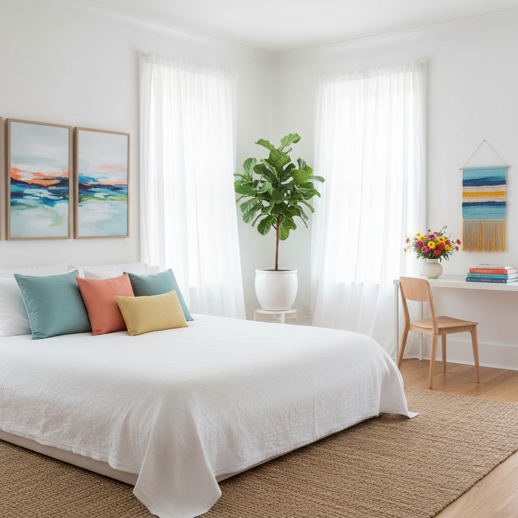 Bright bedroom with white walls, sheer curtains, and abundant natural light