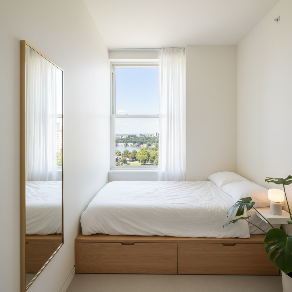 Bright micro bedroom with white walls, large windows, and strategic mirror placement enhancing spaciousness