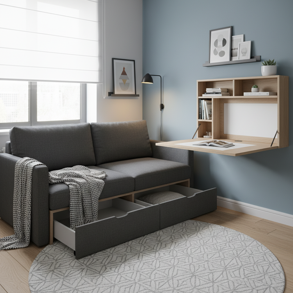 Sofa bed with built-in storage and wall-mounted folding desk in compact bedroom space
