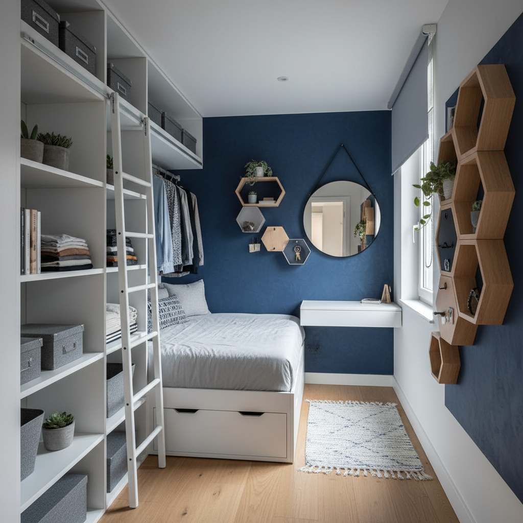 Micro bedroom with floor-to-ceiling shelving and wall-mounted storage maximizing vertical space