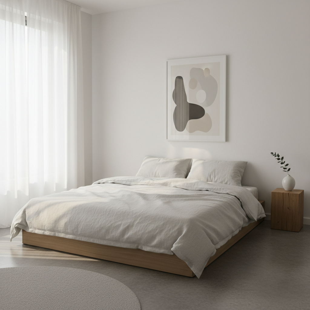 Clean minimalist bedroom with white palette and single wall art piece for restful sleep design