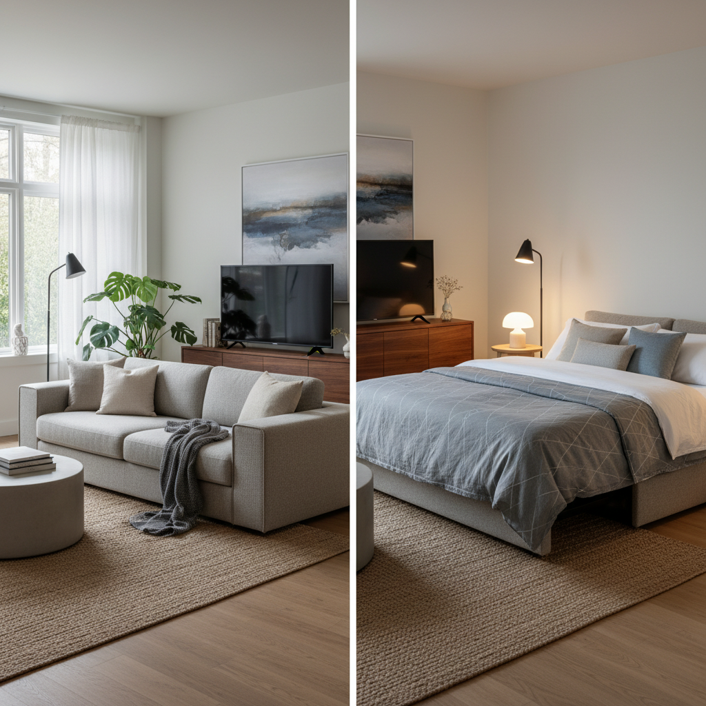 Modern convertible sofa bed transforming from seating to comfortable sleeping surface