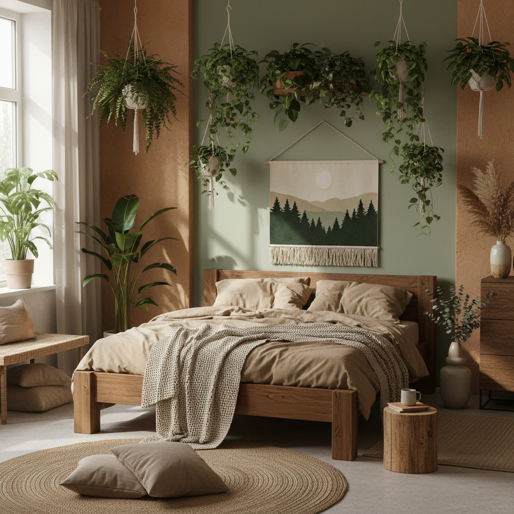 Natural bedroom with plants, wood furniture creating a calming bedroom environment