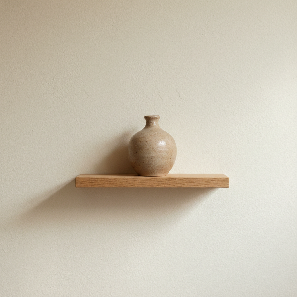 Warm off-white wall with wooden shelf and ceramic vase showing neutral color harmony