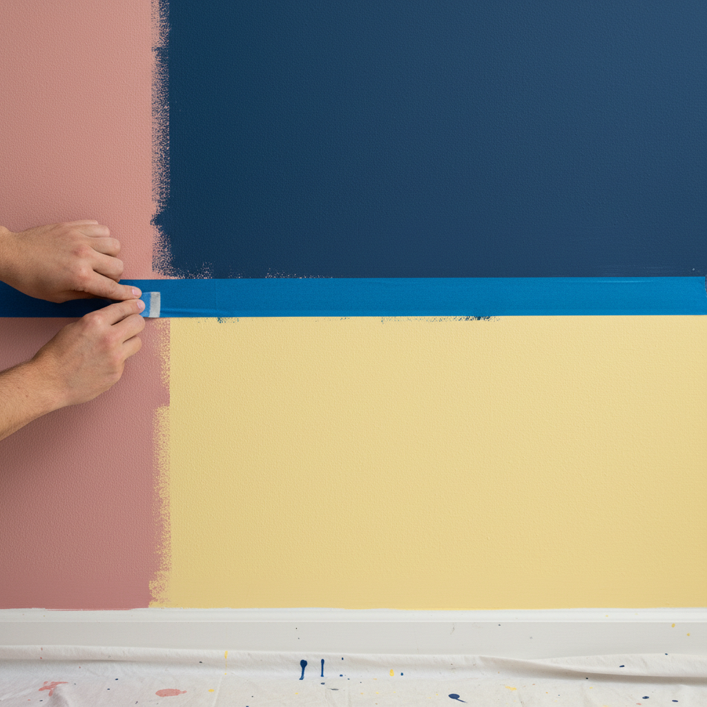 Painter's tape application on wall for clean color blocking lines
