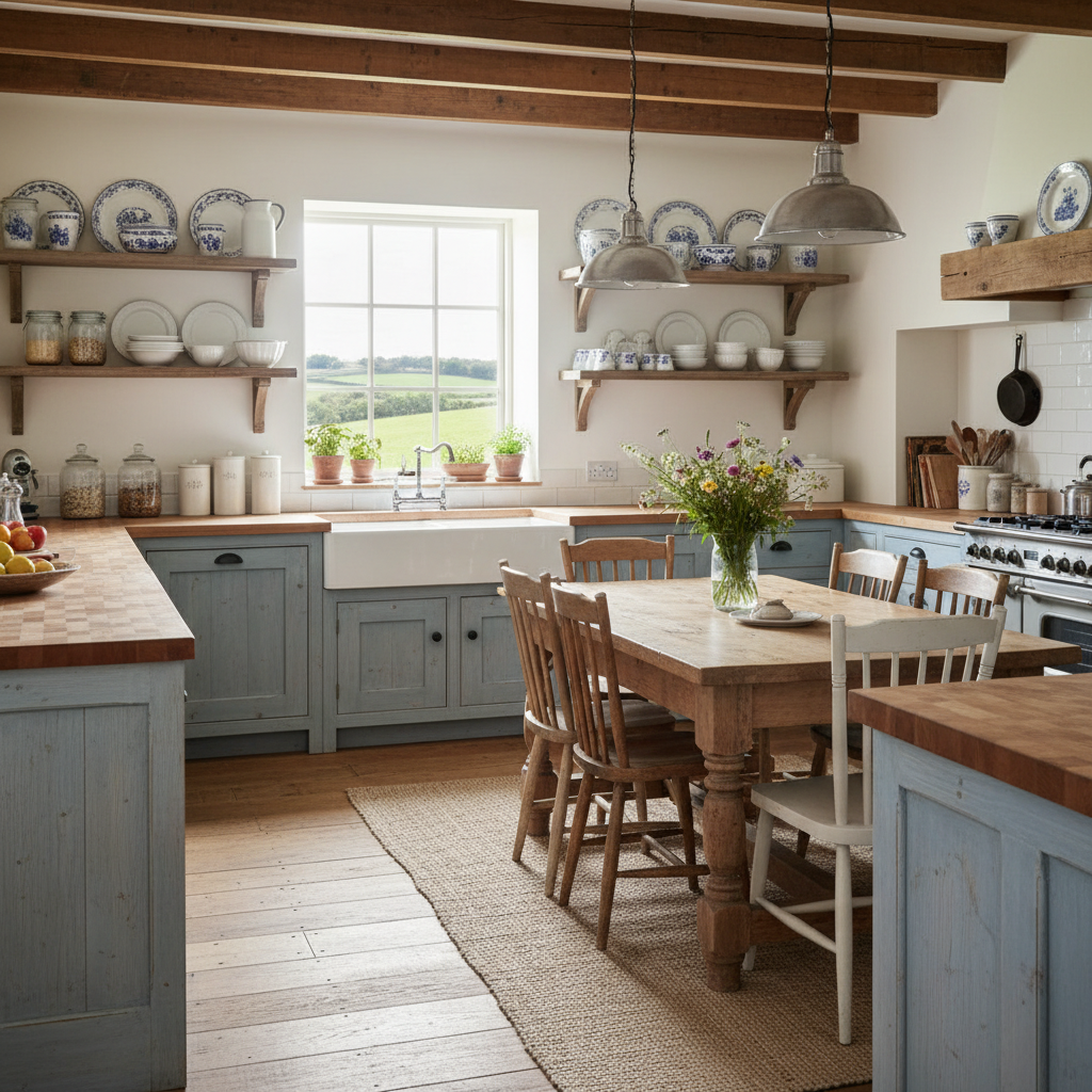 Cozy farmhouse kitchen with apron sink, open shelving, and rustic wood details