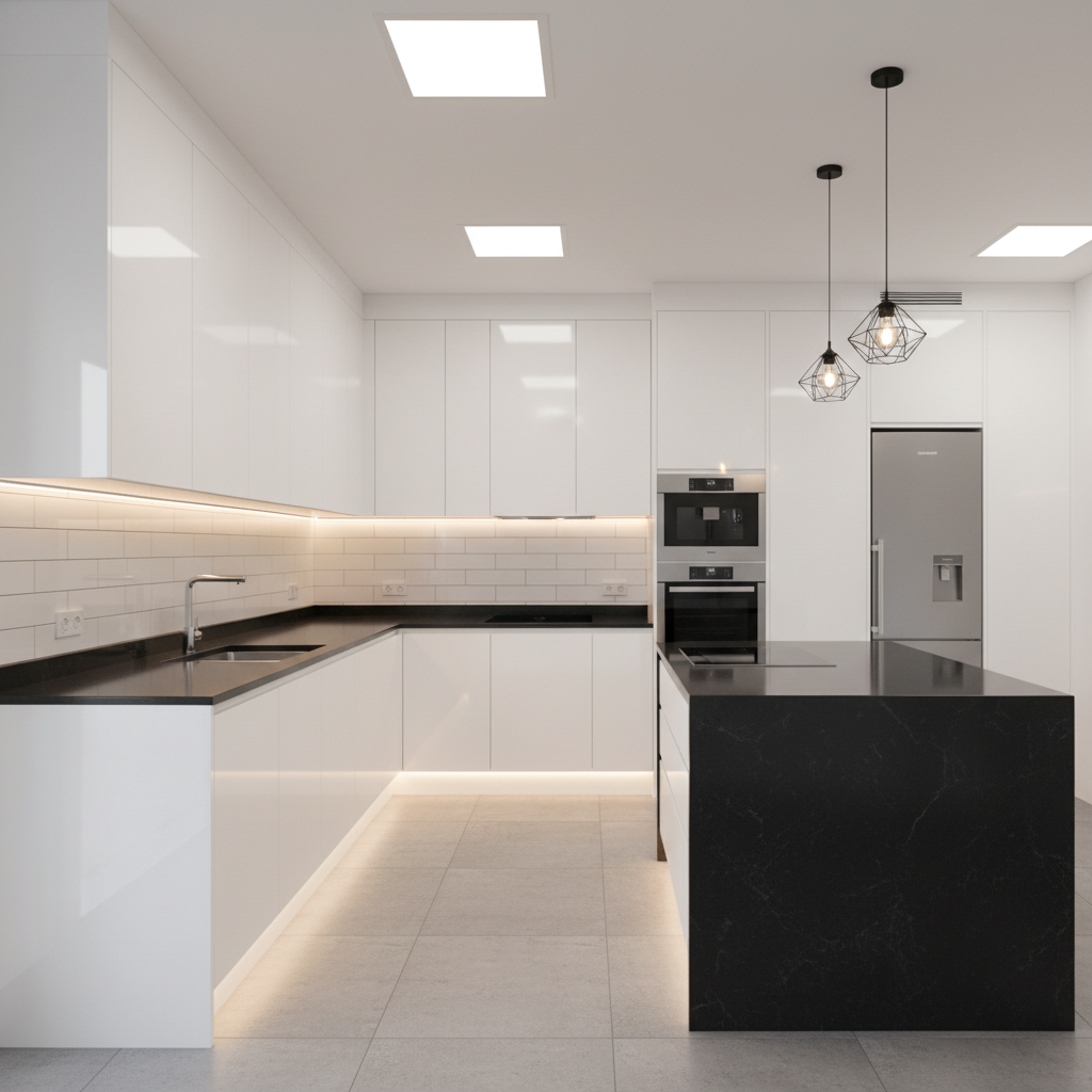 Minimalist kitchen with white handleless cabinets and integrated black countertops