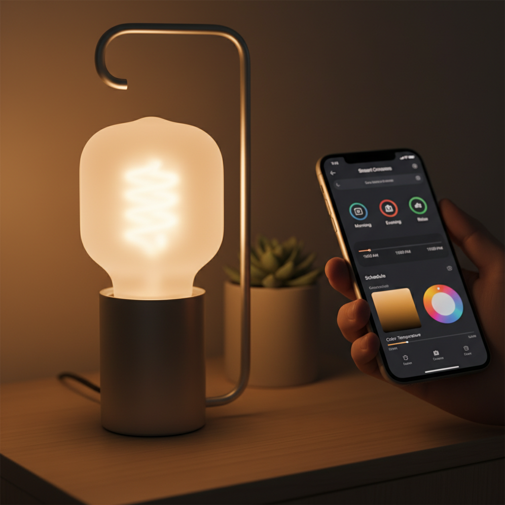 Smart bulb in bedside lamp with phone app showing optimal bedroom lighting settings