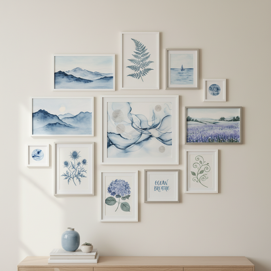 Gallery wall displaying mix of soft blue artwork including landscapes and abstracts