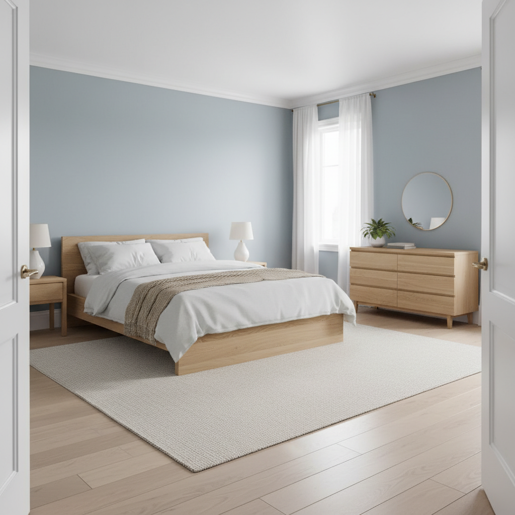 Bedroom featuring soft blue walls with white trim creating airy minimalist feel
