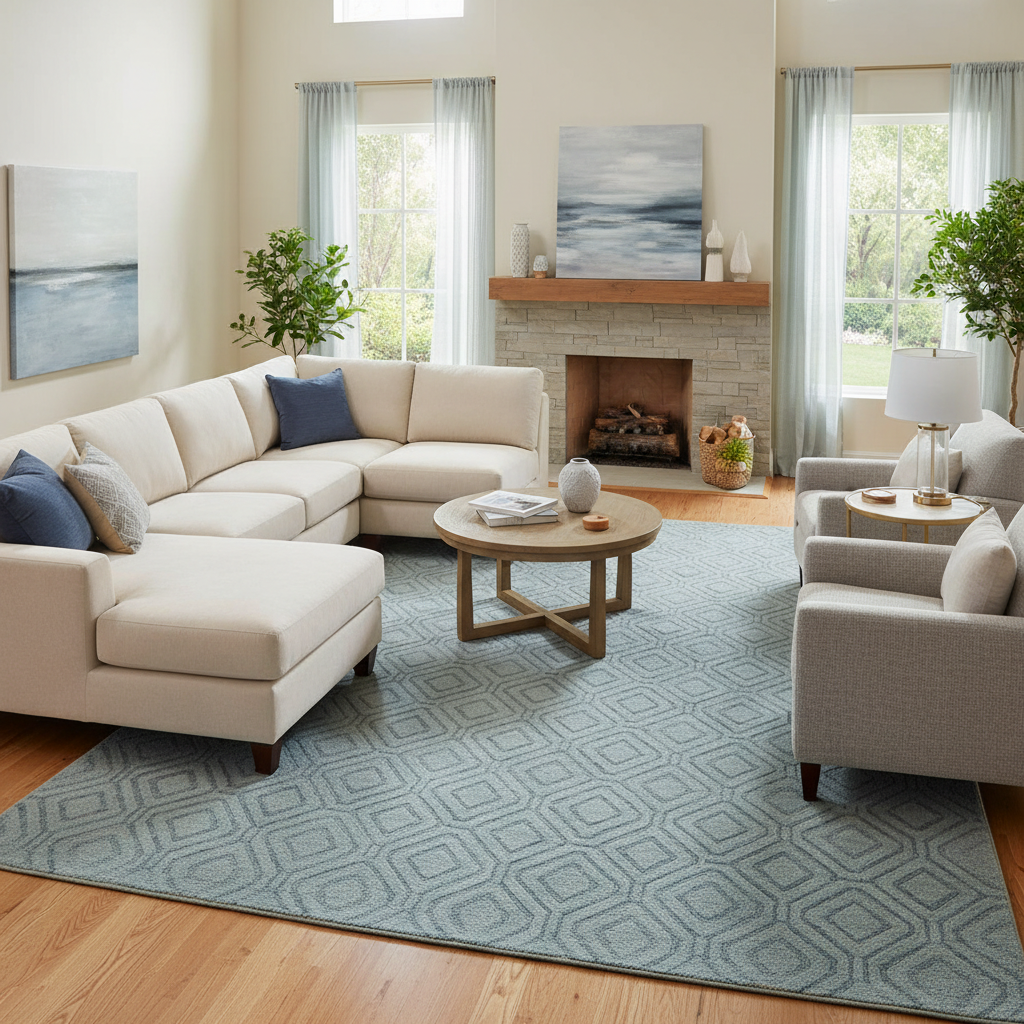 Living room featuring large soft blue geometric patterned rug for budget-friendly room makeovers