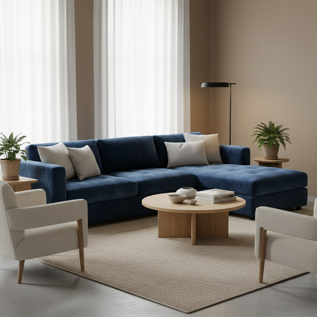 Living room centered around soft blue velvet sofa with neutral surrounding decor