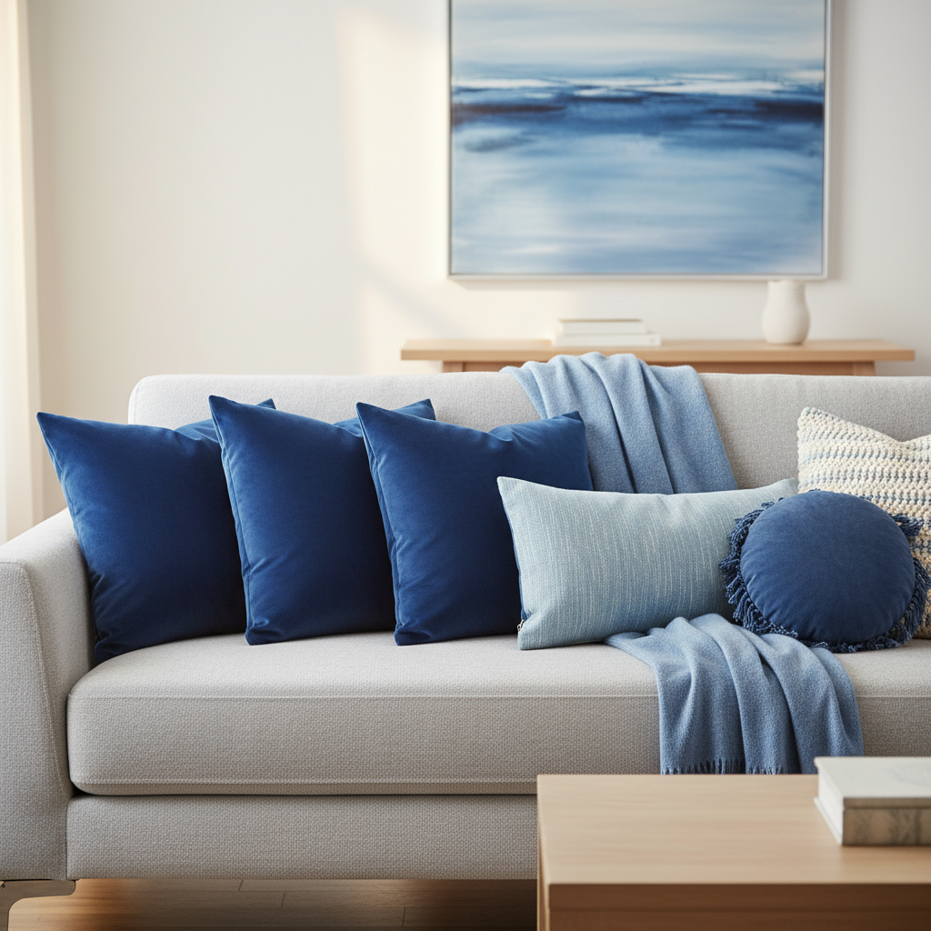 Sofa styled with mixed soft blue throw pillows in velvet, linen, and knit textures for decorative accents
