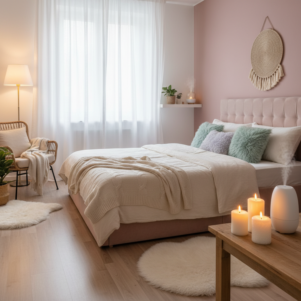 Cozy bedroom with soft textures, pastel colors, and gentle lighting