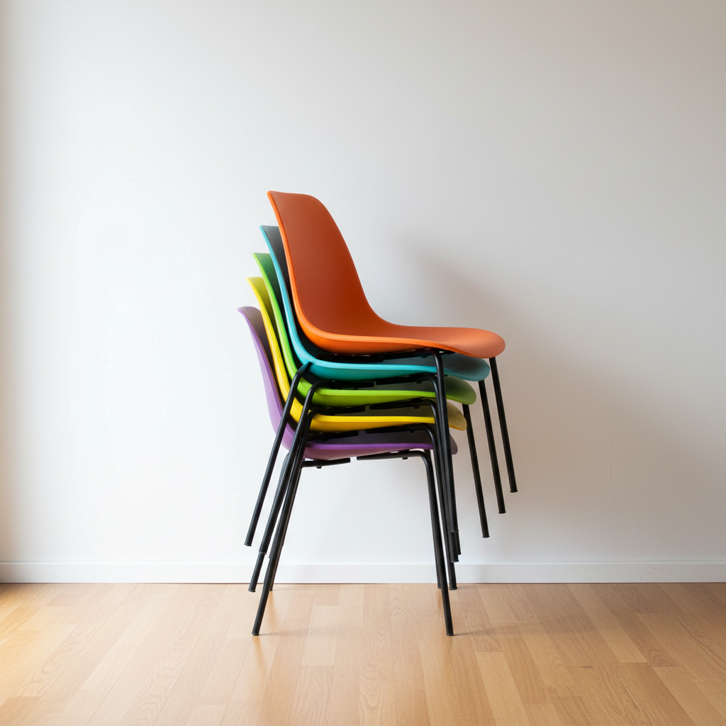 Modern dining chairs neatly stacked to save space when not needed for everyday dining