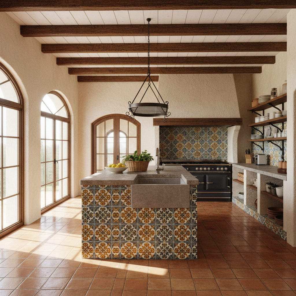 Mediterranean kitchen with terracotta floors, stucco walls, and colorful tile backsplash