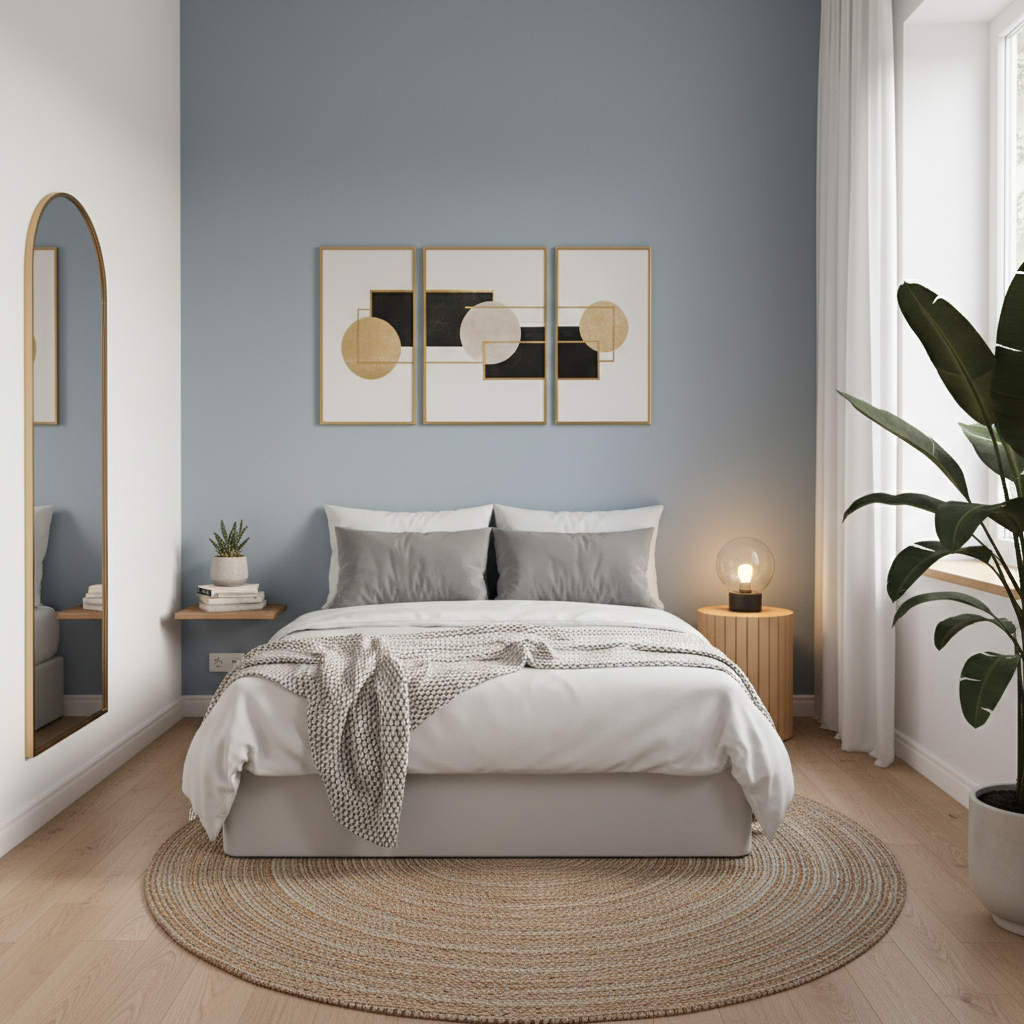 Minimalist micro bedroom with curated decor, artwork, and cozy rug creating inviting atmosphere