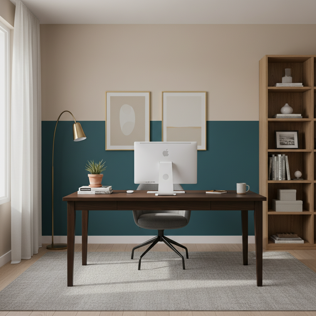 Home office featuring vertical teal and beige two tone wall design