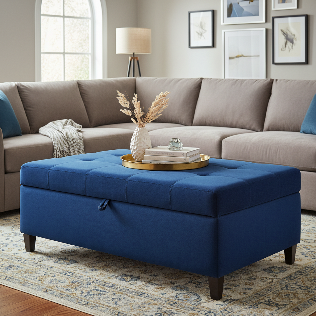 Velvet storage ottoman serving as both seating and decorative storage solution