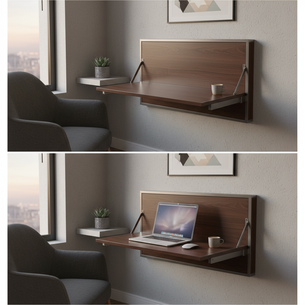 Wall-mounted desk that folds up against wall when not in use
