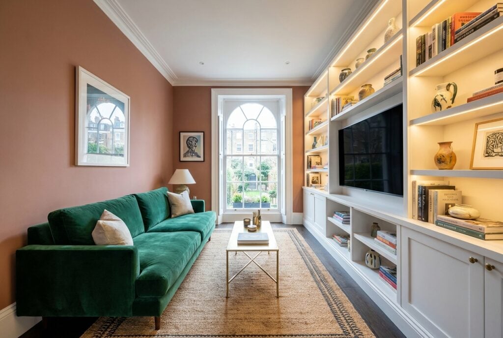 Modern white built-in shelving along long wall of narrow living room with lighting