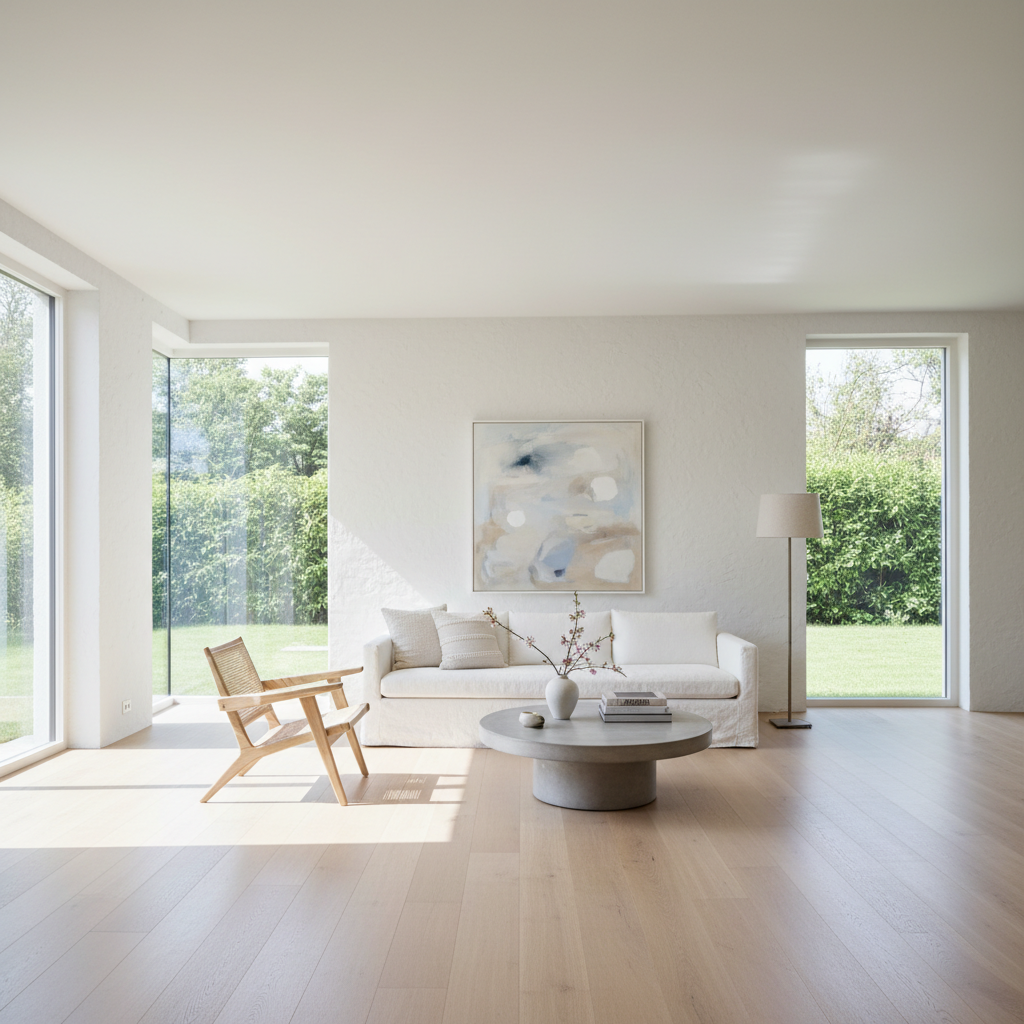 Minimalist coastal living room with white walls large windows and carefully edited furnishings
