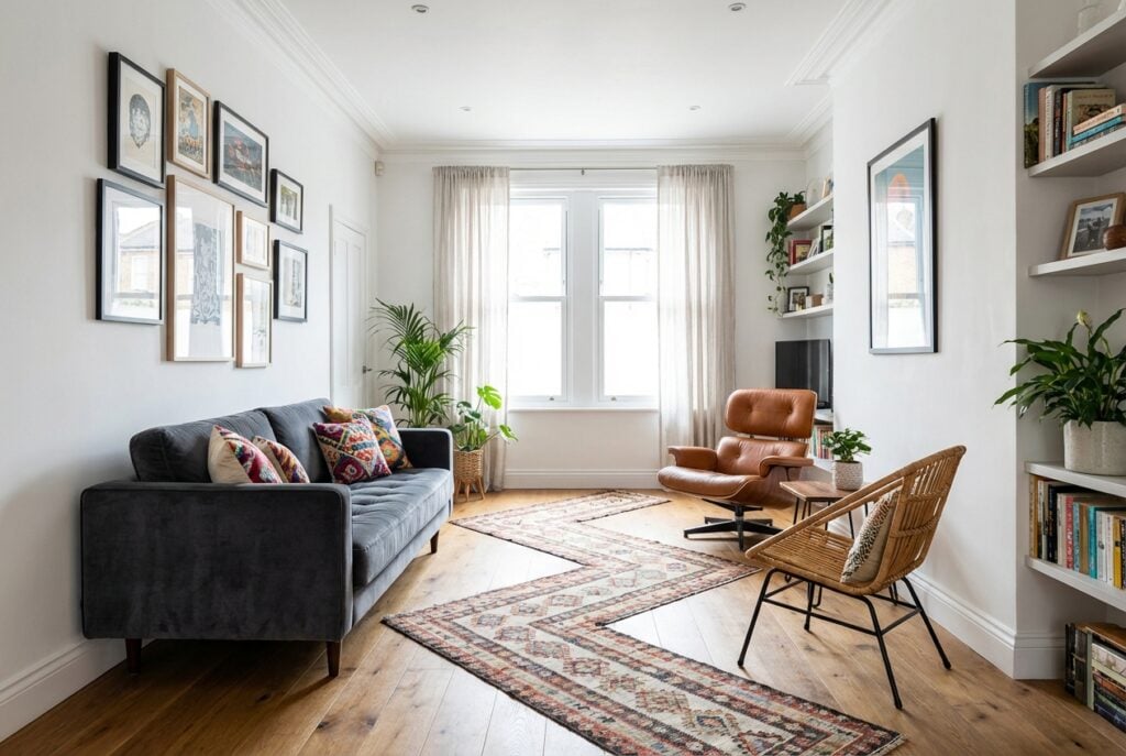 Asymmetrical living room layout with staggered furniture creating winding traffic path