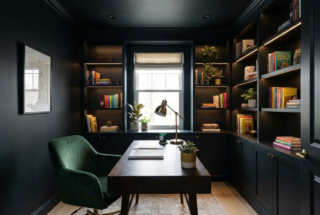 Small office with black walls, ceiling, and built-in shelves creating seamless monochromatic look.