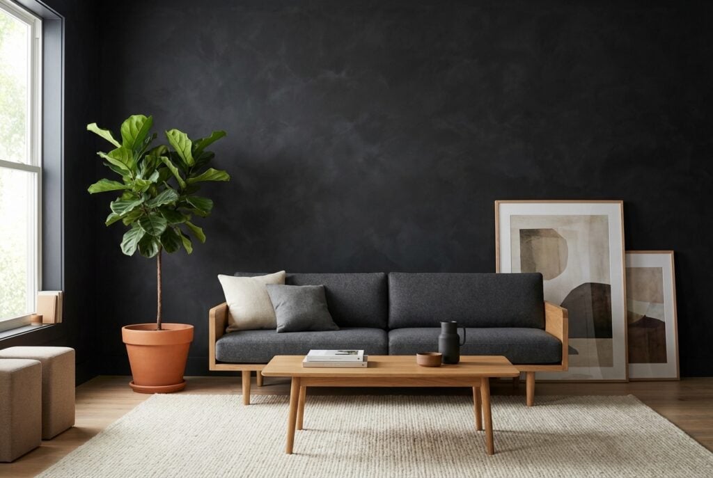 Minimalist room with black limewash walls showing cloudy textured finish and sleek furniture.