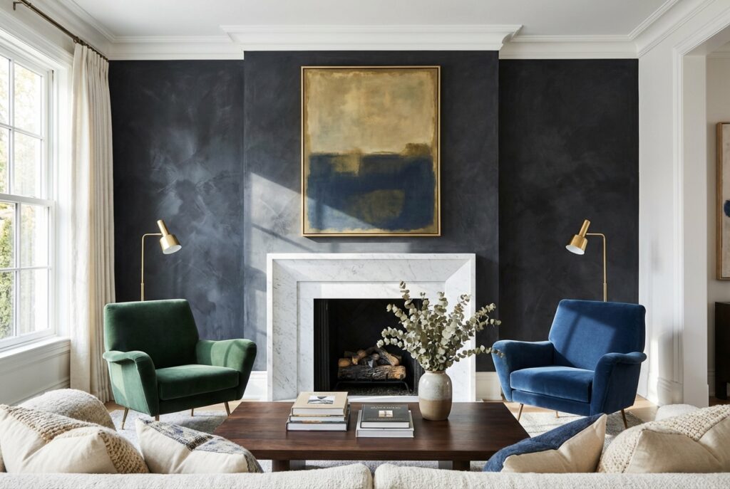 Feature wall with black suede-effect paint showing brushed tactile texture behind marble fireplace.