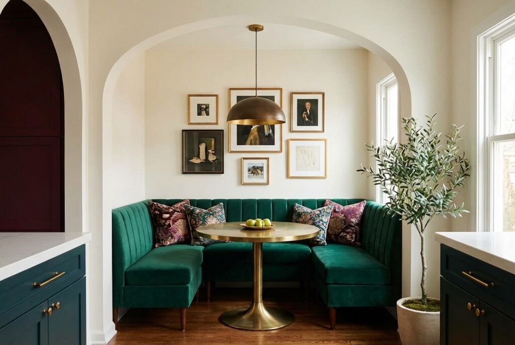 Emerald velvet upholstered banquette in small alcove with brass accent table