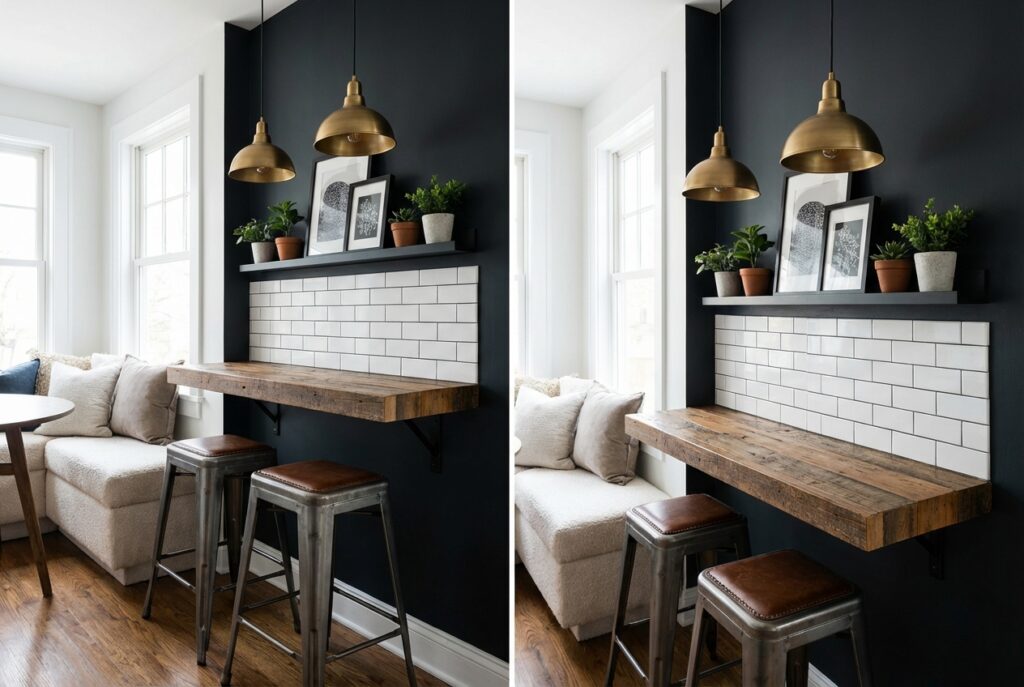 Wall-mounted wood slab breakfast bar with industrial stools in narrow space